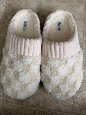 Born Cream Checkerboard Plush Slip-On Slippers